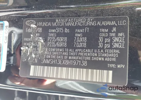 2008 Hyundai Santa Fe Limited/Se from USA, damaged, VIN 5NMSH13EX8H197138